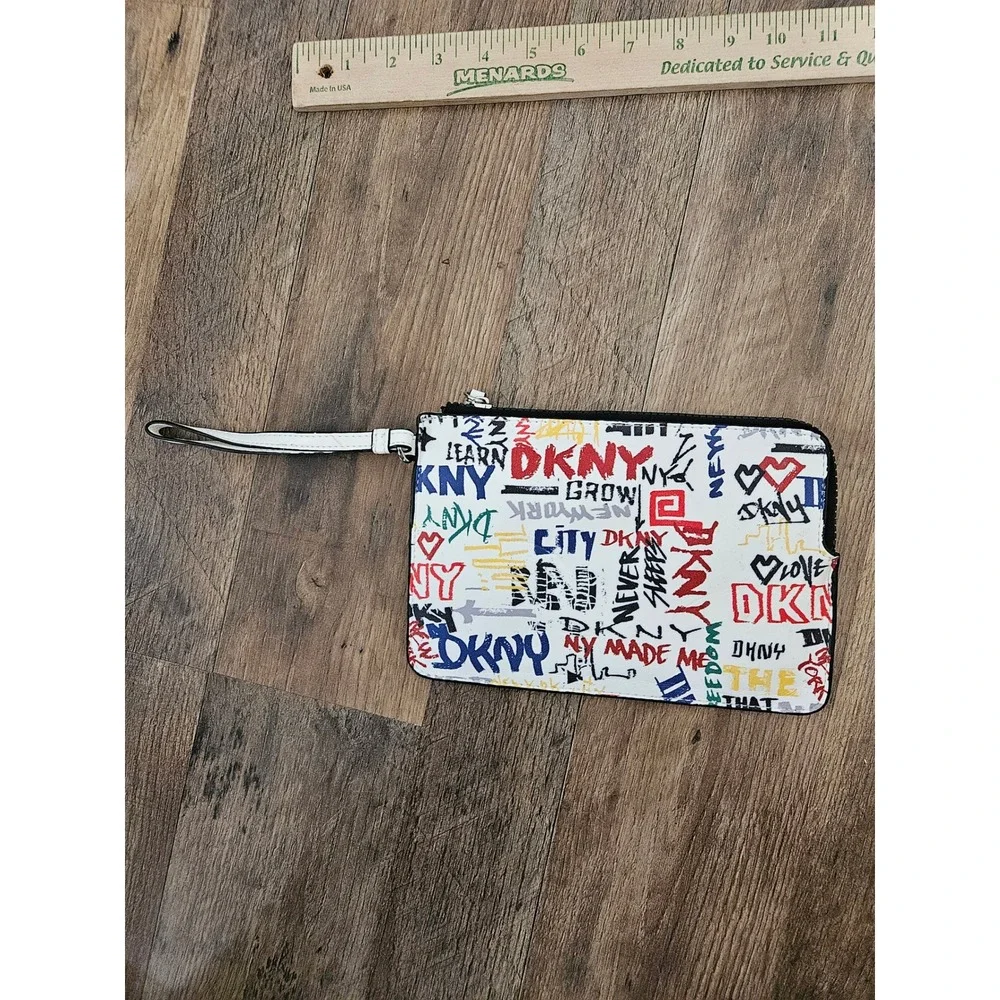 DKNY Graffiti Print Wristlet Pouch White Multicolor Street Art Zip Clutch Bag
